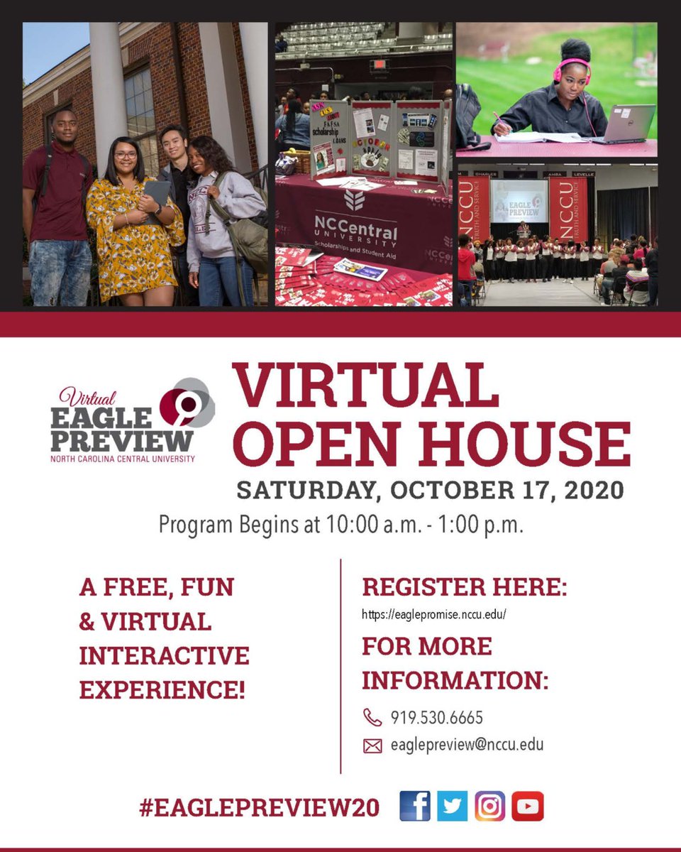 NCCUadmissions's tweet photo. Fall 2020 Virtual Eagle Preview (Open House)
Saturday, October 17, 2020
10:00 a.m.
A Virtual Interactive Experience!
Register today! https://t.co/rpsRq3aNKh
Schedule your visit today. In the meantime, take a virtual tour of our campus.
https://t.co/g1Sr2pYgTR https://t.co/rzDBMonewD