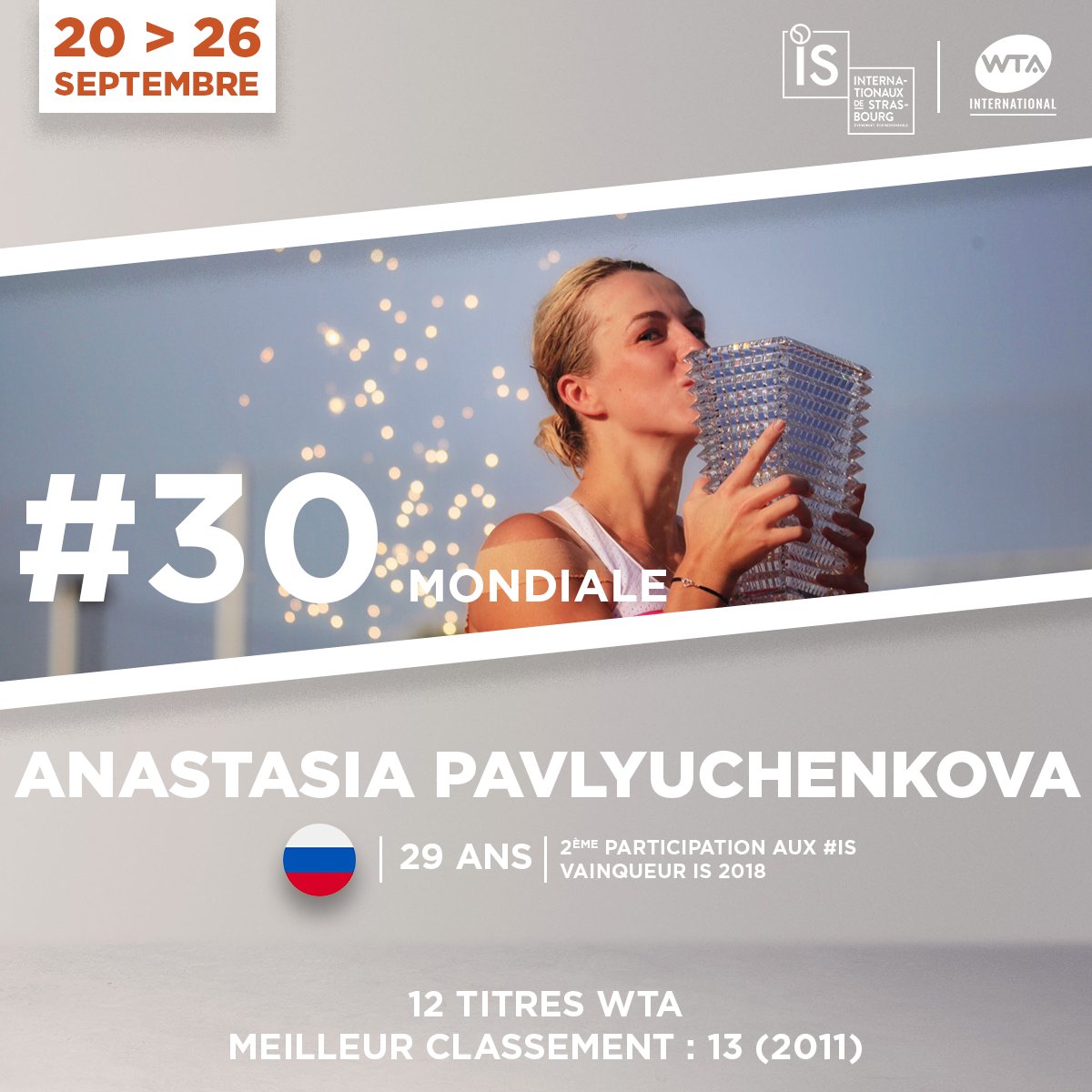 WTA_Strasbourg's tweet photo. ✅ Anastasia Pavlyuchenkova 🇷🇺 revient aux #IS !
La gagnante des #IS18 🏆 nous fait l'honneur de revenir au Tennis Club de Strasbourg du 20 au 26 septembre !
© Internationaux de Strasbourg / © Michel Grasso / C'est qui Maurice ? https://t.co/dZ8XLlxMqh