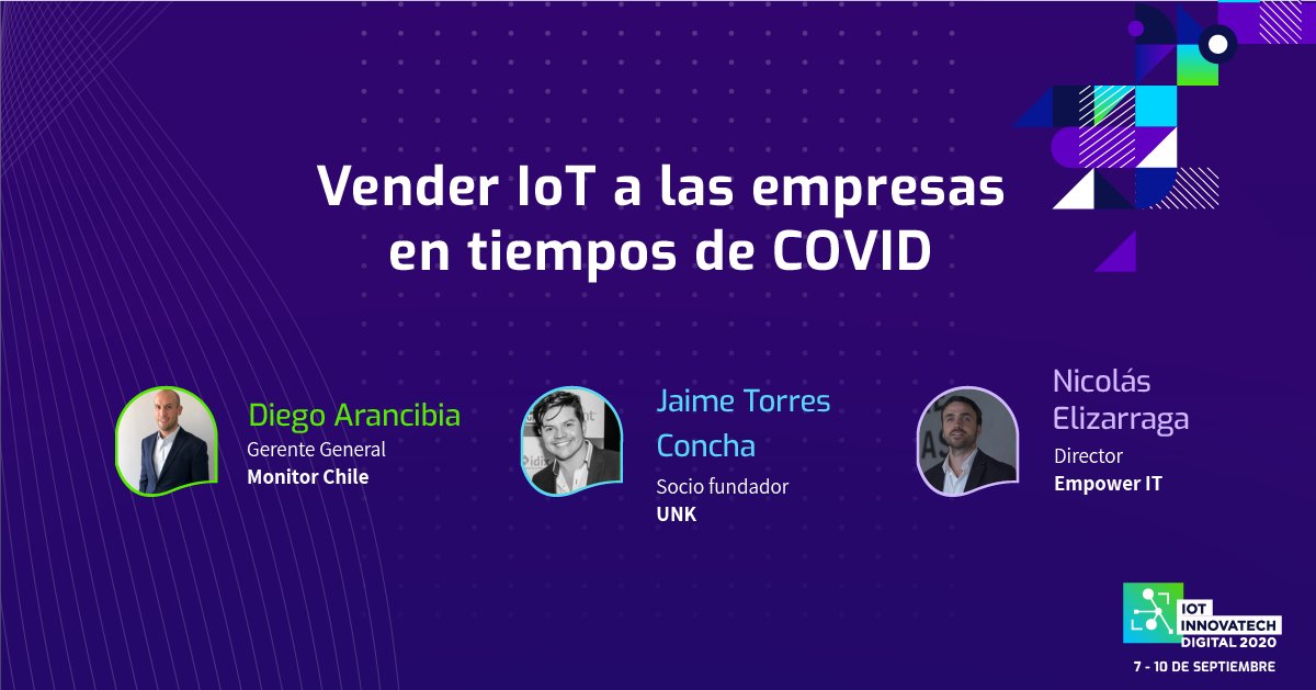 A las⏰14:00 Chile verás una entrevista en directo con dos expertos en la comercialización de soluciones #IoT, con foco en el impacto del contexto actual en su actividad - la Sesión "Vender IoT a las empresas en tiempos de COVID" de #IoTInnovatech20 
💻📲  bit.ly/IoTApp20