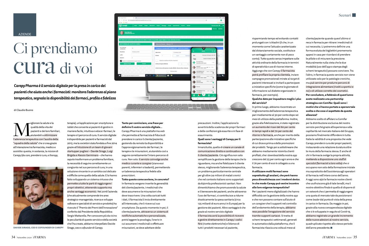 👉 Il nostro CEO <a href="/DavideSirago/">Davide Sirago</a> nell'ultimo numero di #iFarma racconta l'impegno di #Carepy nel supportare le oltre 450 #farmacie che hanno scelto di affidarsi al nostro servizio digitale