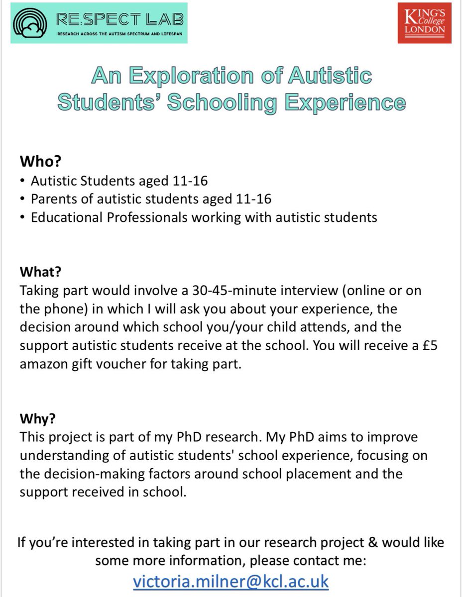 Thank you everyone who’s taken part in my research so far! I’m still hoping to speak to #autistic young people aged 11-16years &amp; their parents about their experience, as well as #mainstream #secondaryschool #teachers - if you know anyone who fulfils this criteria, please share!