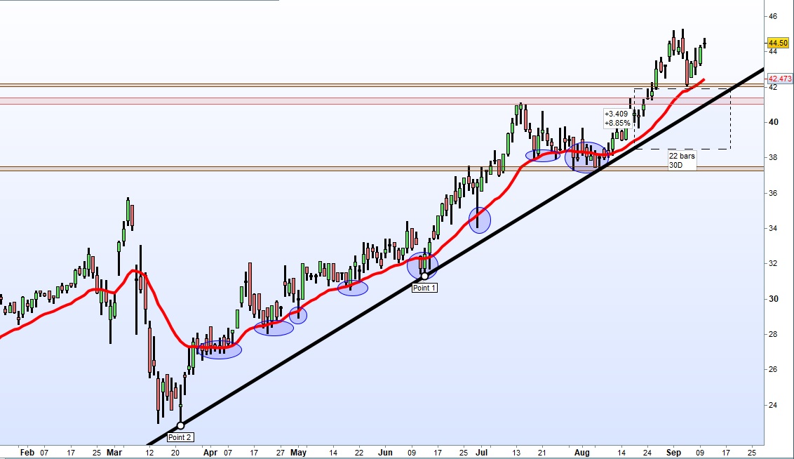 On passe en UT journalière, qui vient confirmer la tendance observée précédemment avec une trendline indiquant un trend mensuel à + de 8%. On observe que, depuis le début de la tendance fin mars, la EMA 20 a régulièrement servi de zone de support durant les pullbacks.