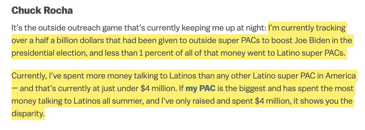 This data point is astonishing: "Over a half a billion dollars that have been given to outside super PACs to boost Joe Biden in the presidential election, but less than 1 percent of all of that money went to Latino super PACs."HOW?! Have we not learned anything?!