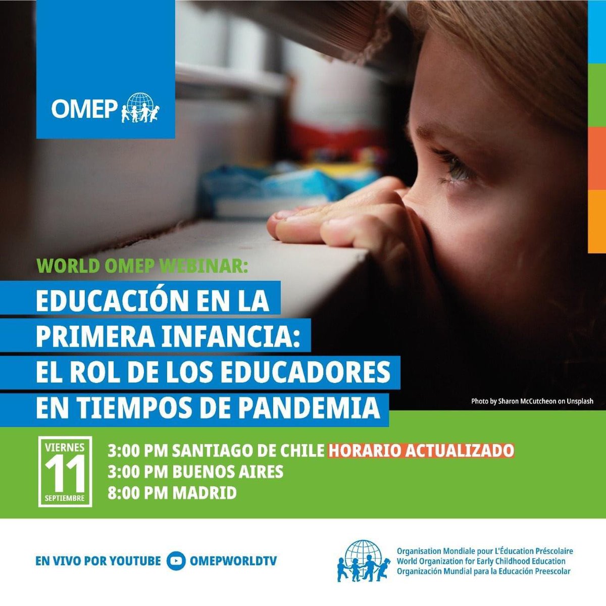 📌 <a href="/omep_chile/">OMEP CHILE</a>  les quiere invitar a participar del Seminario Web "Educación en la Primera Infancia: El rol de los educadores en tiempos de pandemia". 
📆 Viernes 11 de Septiembre
⏰ 15:00 hrs. 
🔸 Youtube: OMEPWORLDTV