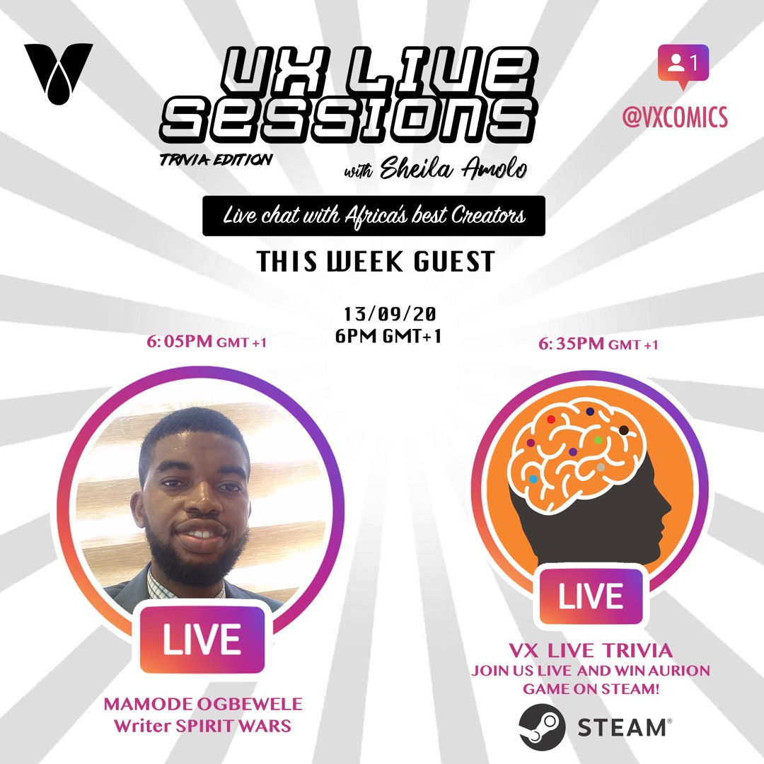 vxcomics_ea's tweet photo. Hi everyone! This week on #VXLiveSessions with @_sixtailedfox we'll be speaking to Mamode Ogbewele about his comic SPIRIT WARS. There after we'll be having a live trivia with Steam codes for AURION, Africa's first RPG. Catch this at 8pm EAT (Nairobi) on @vxcomics Instagram Live. https://t.co/7jm9I6ZNbu