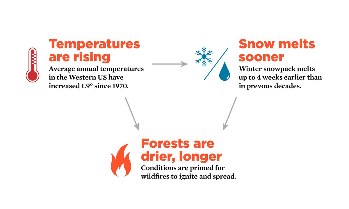 Warmer temps increase the likelihood that fires will burn more intensely. They also cause snow to melt sooner and lead to drier soils & forests which act as kindling. Increased droughts and insect outbreaks that lead to large stands of dead trees all make wildfires more likely.