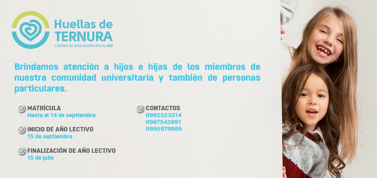 UTEoficial's tweet photo. #ATENCIÓN I𝗬𝗮 𝗽𝘂𝗲𝗱𝗲𝘀 𝗺𝗮𝘁𝗿𝗶𝗰𝘂𝗹𝗮𝗿 a tus👦hijos e👧hijas de 2⃣ a 4⃣ años de edad en “𝗛𝘂𝗲𝗹𝗹𝗮𝘀 𝗱𝗲 𝗧𝗲𝗿𝗻𝘂𝗿𝗮” 𝗖𝗲𝗻𝘁𝗿𝗼 ����𝗲 𝗘𝗱𝘂𝗰𝗮𝗰𝗶𝗼́𝗻 𝗜𝗻𝗶𝗰𝗶𝗮𝗹 𝗨𝗧𝗘.
📲:0993344750
📧:mregalado@ute.edu.ec
Más información:👉 https://t.co/3Wk0BjHjUM 👈 https://t.co/O94hDUmxLw