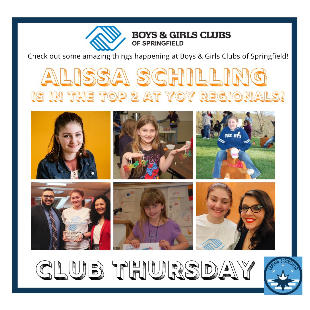 CaptainSGF's tweet photo. Happy #ClubThursday where we highlight some of the amazing things happening at @BGCSpringfield. Today: Alissa Schilling, member of the Club for over a decade, has made it to the top 2 at the Regional Youth of the Year competition! 🤗💙 Read more here: https://t.co/2Kc9kzC83H https://t.co/yrGPRg8xBX