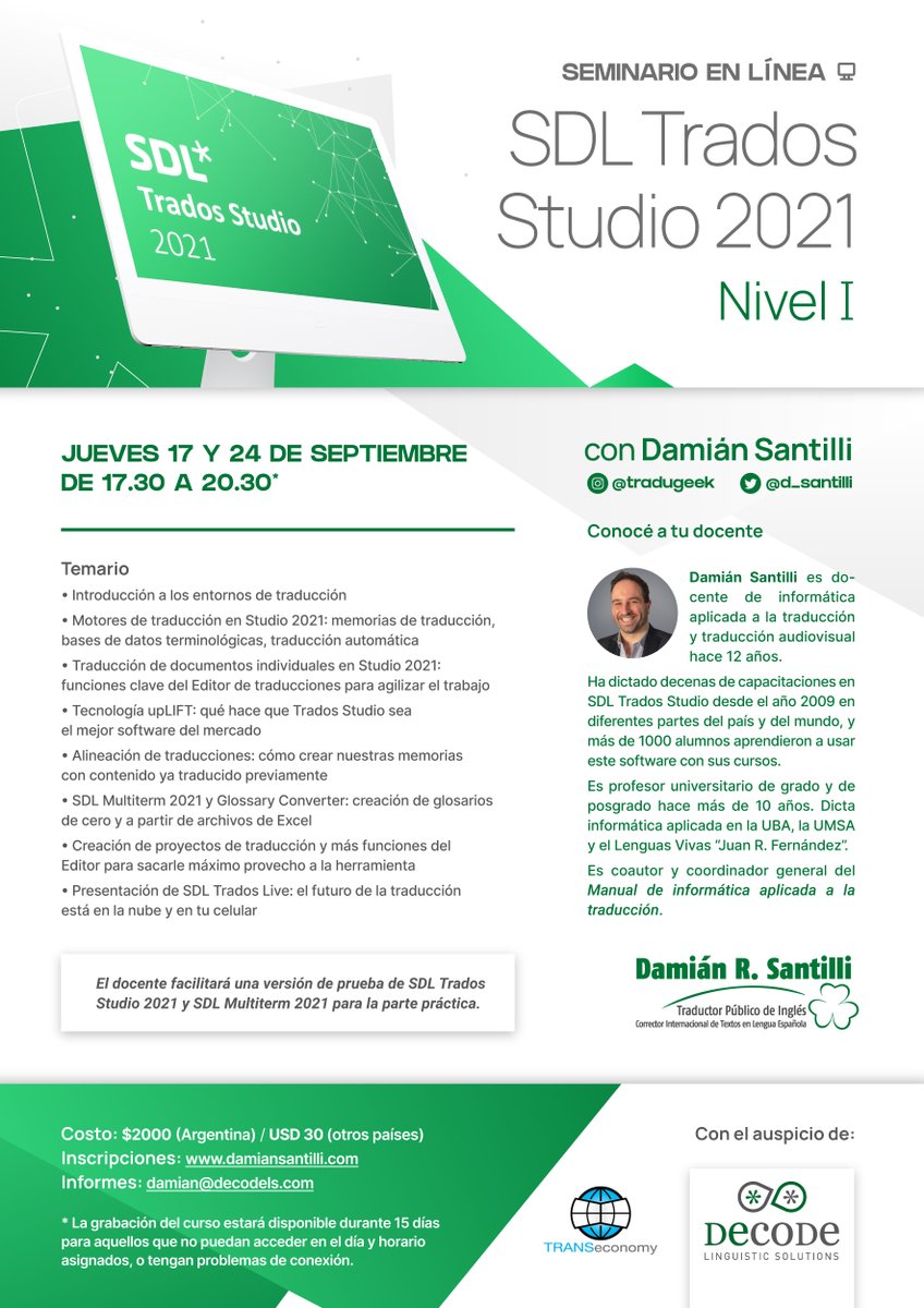tradugeek's tweet photo. «SDL Trados Studio 2021: Nivel I», curso en línea y en vivo. Arrancamos el jueves 17/9 de 17.30 a 20.30, hora de Argentina.
Inscripciones aquí: https://t.co/gFDTf9PNvs. https://t.co/P1R5BcEY1k