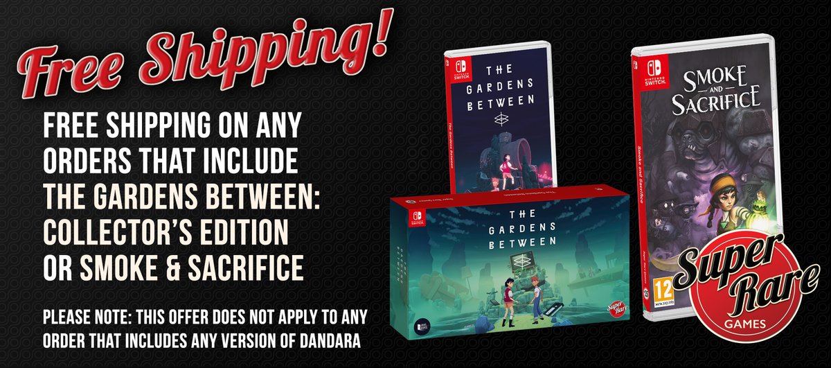 SuperRareGames's tweet photo. Happy #SuperRareWeek!
This week, it's free shipping on any order that includes The Gardens Between: CE or Smoke & Sacrifice (excludes Dandara).
That's free global shipping on the WHOLE order! Check the thread to see what else is in stock... π
https://t.co/Jv8wN6ozxg https://t.co/MnAljV1M5L