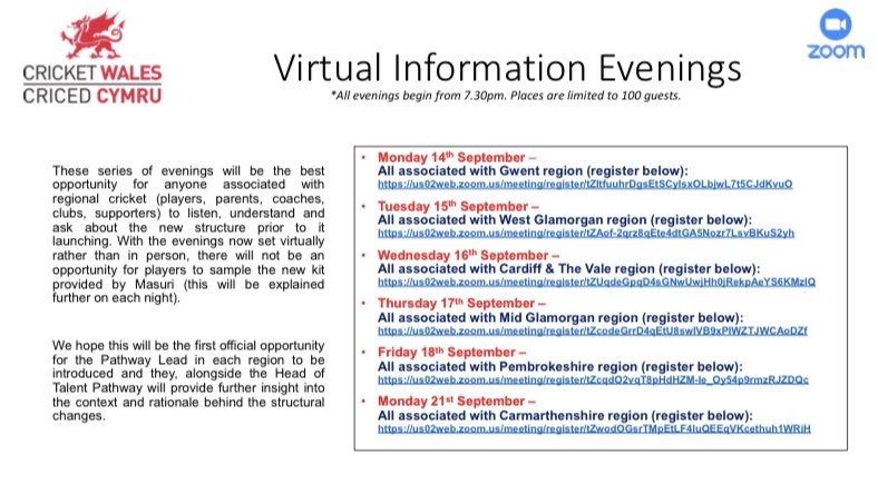 📢 Plenty of time to register for one of SIX virtual information evenings next week regarding the new regional programme. 🖥 Links all on Page 3 ❓Send your questions in! 👤Meet your new Pathway Leads 🏏Find out how it all works 🏴󠁧󠁢󠁷󠁬󠁳󠁿 #WeAreWelshCricket cricketwales.org.uk/uploads/news/R…