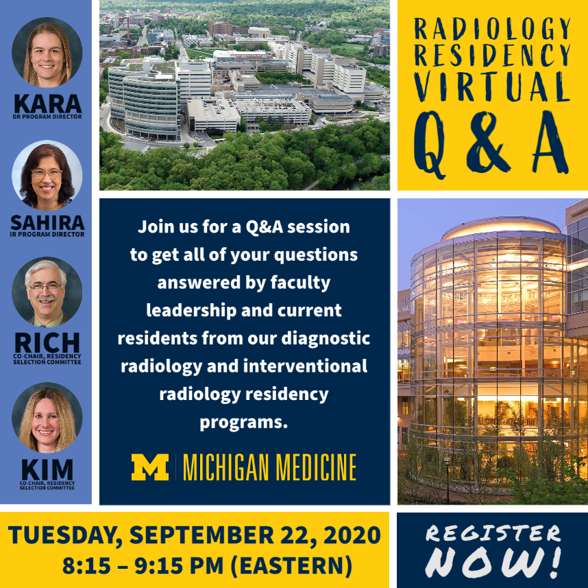 Applying to #radiology residency this year? Register at tinyurl.com/y53ufv5n to learn about the DR and IR residency programs at the University of Michigan! Complex cases and down-to-earth residents and faculty make <a href="/UMichRadiology/">Michigan Radiology</a> amazing!

<a href="/futureradres/">Future Radiology Residents</a> <a href="/SIRRFS/">SIR RFS</a> <a href="/theAPDIR/">APDIR</a>