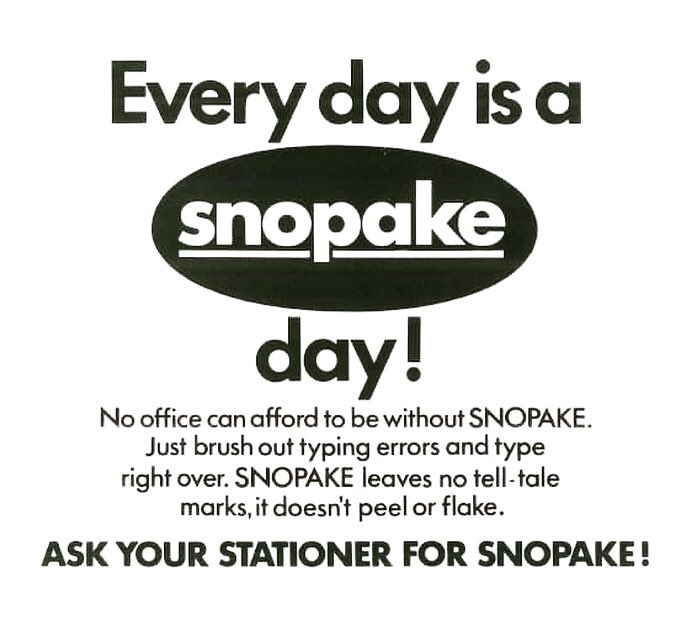SnopakeBrands's tweet photo. It’s Throwback Thursday and here’s a wonderful 🔆advert for Snopake fluid 💜 to correct typing errors 📠. 

#lovesnopakelovestationery 
#studygram 
#stationerysupplies 
#myshoplife2020 
#officesupplies 
#ststioneryshop
#stationerytrends 
#oldadvertising 
#correctionfluid https://t.co/LLkJImmP4Q