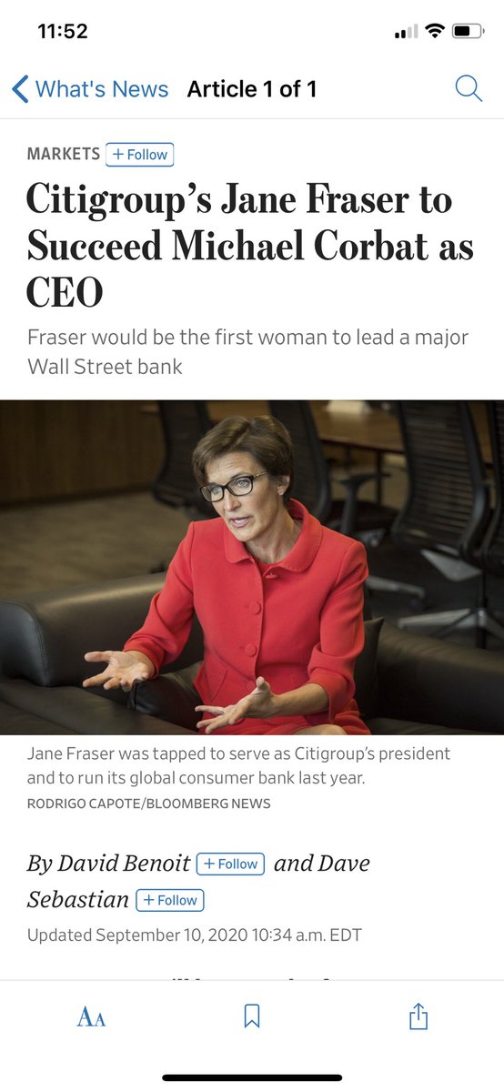 FelipeJCuartas's tweet photo. Loved seeing this headline. Congratulations to @Citi and Jane Fraser @WSJ #women #Diversity #WomeninBusiness https://t.co/JLE6yRXOUb