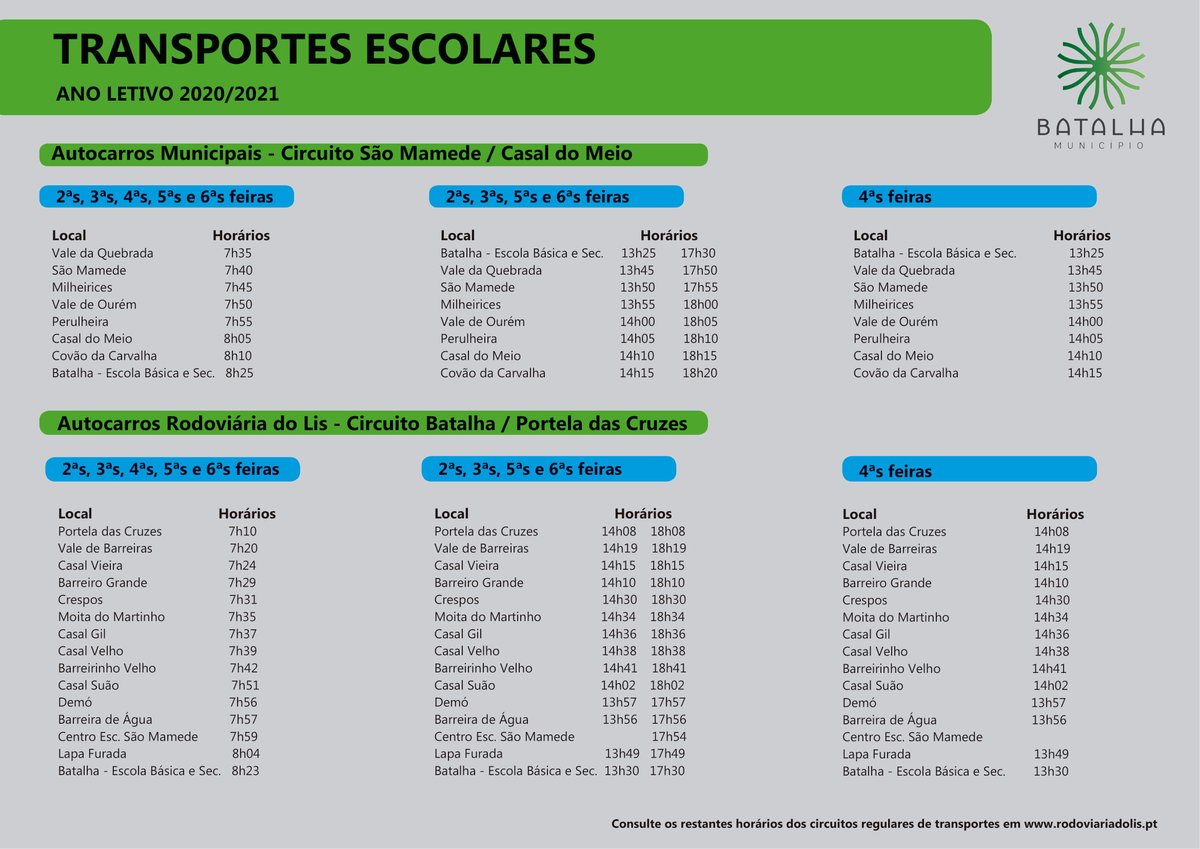 CMBatalha's tweet photo. Transportes Escolares Ano Letivo 2020 – 2021

Conheça os horários dos transportes escolares dos circuitos especiais (Vale de Barreiras - Batalha e Casal do Meio - Batalha), já em vigor a partir do dia 17 de setembro. Os transportes serão efetuados de acordo com as normas da DGS. https://t.co/T1cbctjpZf
