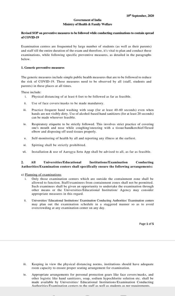 anubha1812's tweet photo. Latest health ministry guidelines for conducting exams for all the students https://t.co/FCtPuSzlQF