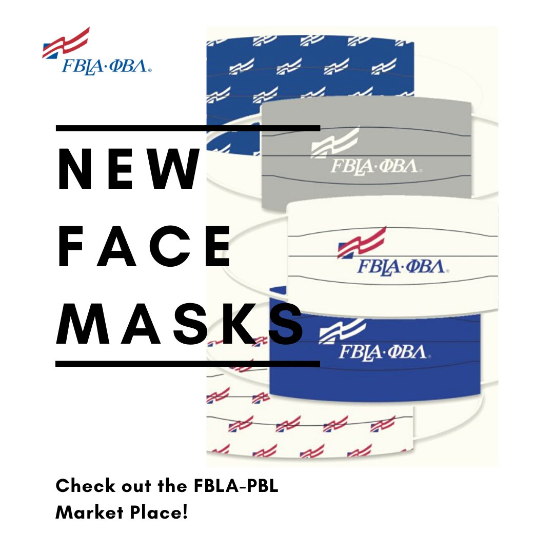 FBLA_National's tweet photo. New swag alert! Keep yourself and others safe with the FBLA-PBL face masks. Check them all out on the FBLA-PBL Market Place>> https://t.co/fj4ZYF4fKQ https://t.co/gNLKYah1Ve