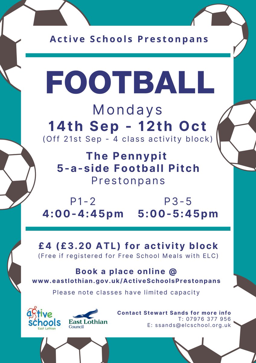 Spaces are still available for our P1-2 and P3-5 Football classes at The Pennypit, starting next Monday 14th September. Please click here to book a place online ➡️eastlothian.bookinglive.com/home/active-sc…

@PennypitSport <a href="/ActiveEL/">Active East Lothian</a>