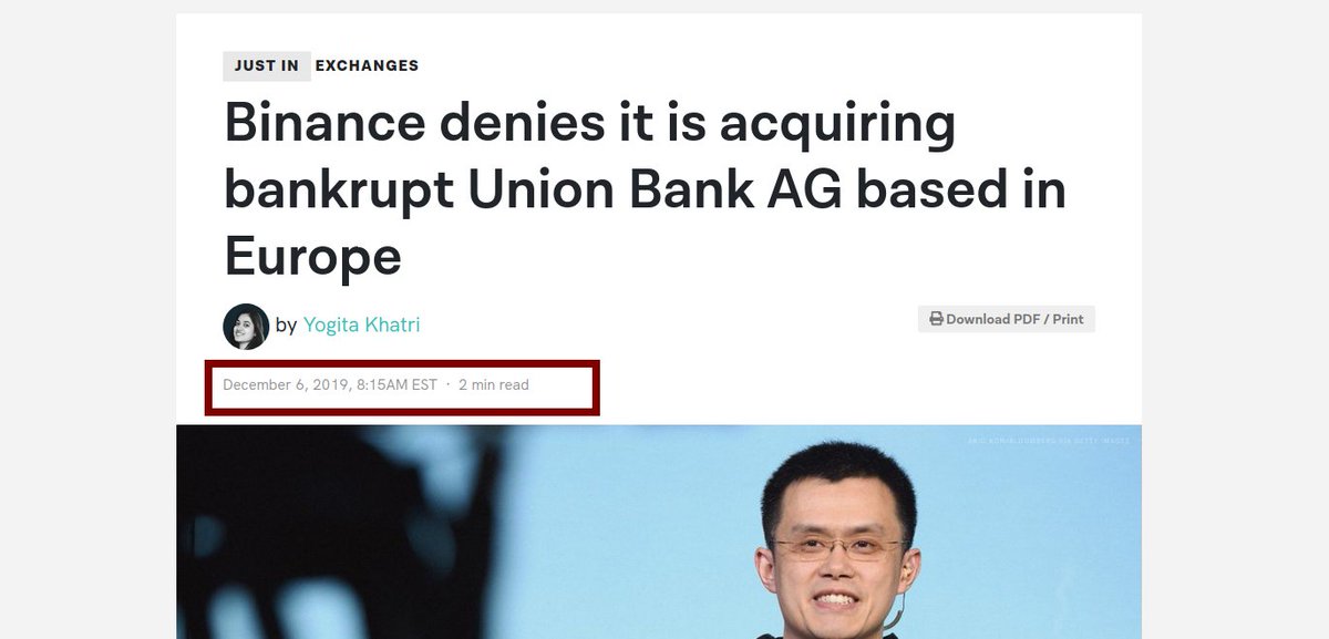1/ Let's take a look at Binance's current banking situaiton (or lack thereof) - starting with the FMA's rejection of their bid to buy Union Bank AG in Lichtenstein For some reason, Binance has been lying in various publications about their bid to buy the bank since December '19