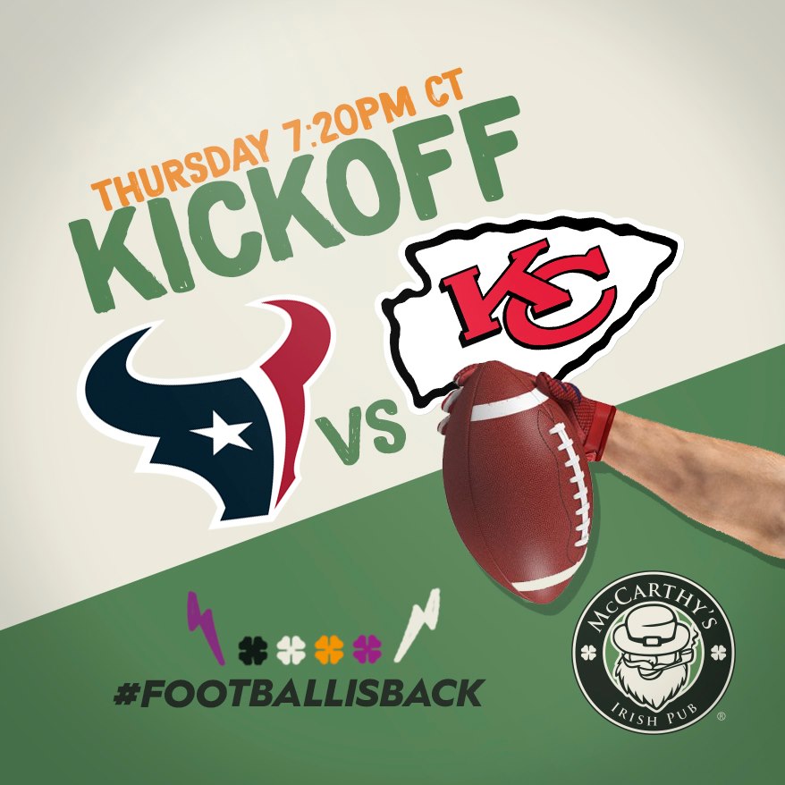 Banda hoy arranca la #NFL y en McCarthy's estamos listos para toda la acción del #KickOff con el duelo inaugural y los mejores partidos de la semana uno. Nos vemos hoy 7:20pm. #TexansVsChiefs #LetsRock