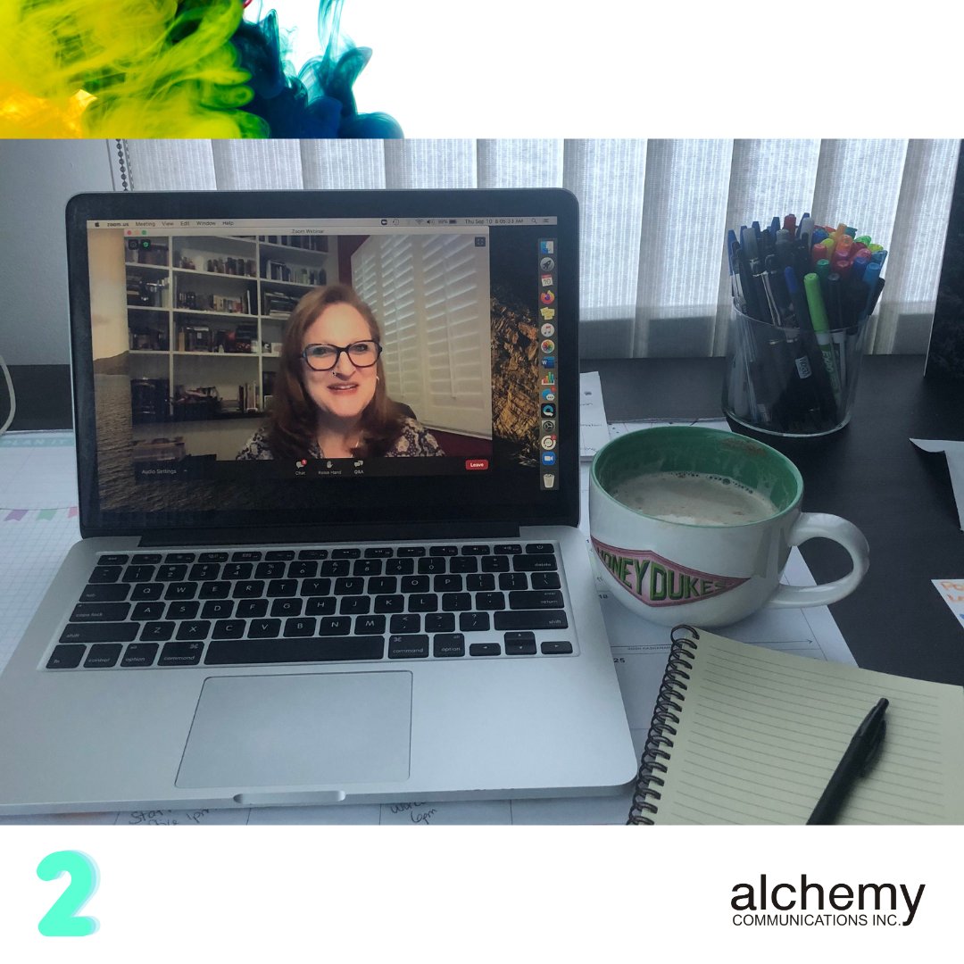 AlchemyPR's tweet photo. Today the team at #AlchemyPR is learning from some incredible speakers on the @ThePWorld PR Measurement Bootcamp! Can you guess which workstation belongs to which team member? We have Lauren, Robyn, Kathryn, Drew, and Shane all following along on the presentations today. https://t.co/pErpROL968