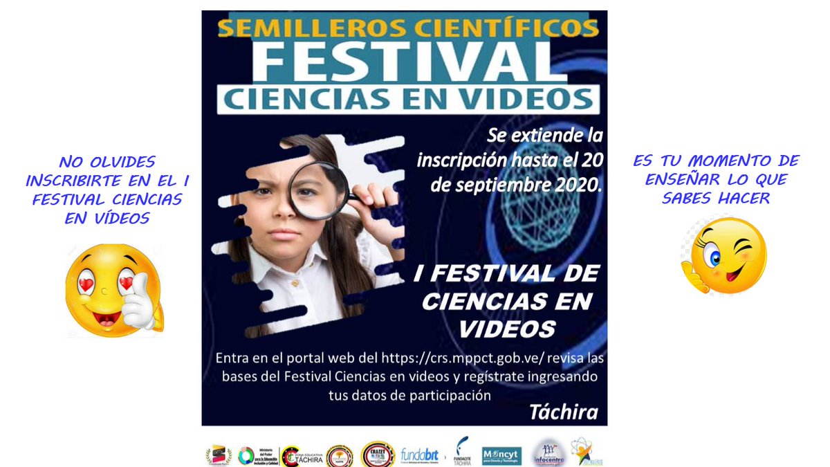 Recuerda que hasta el 20 de septiembre son las inscripciones para participar en el I Festival Ciencias en Vídeos. Inscríbete ya!!!!! recursos para el Aprendizaje Municipio Michelena.