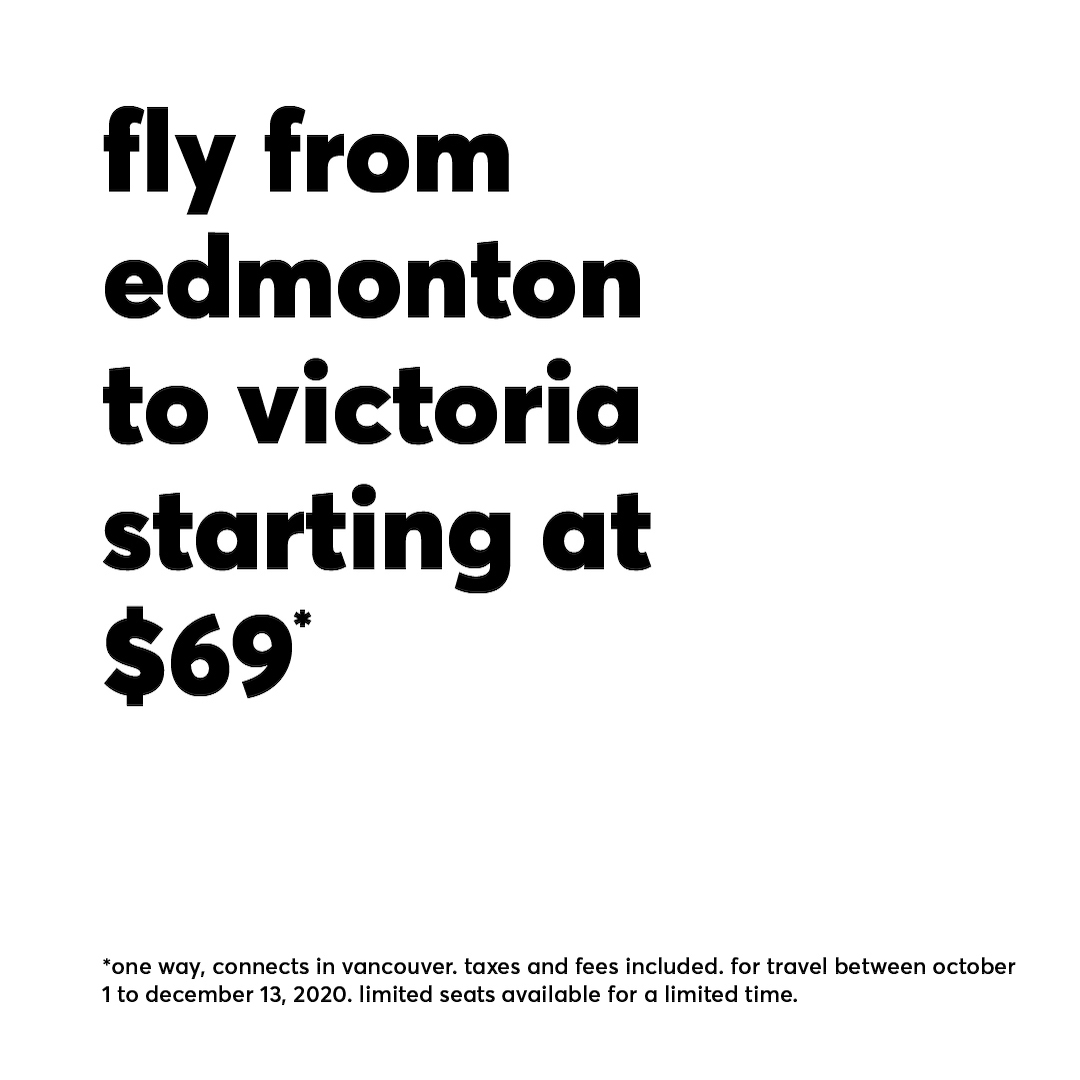 flairairlines's tweet photo. The island for less. Fly from Edmonton to Victoria for only $69* from October 1 to December 13, 2020! 

Learn more at https://t.co/DcZsws5Yp4 ✈️

*one way, taxes and fees included, limited seats available for a limited time. https://t.co/h4gsvuw6FN