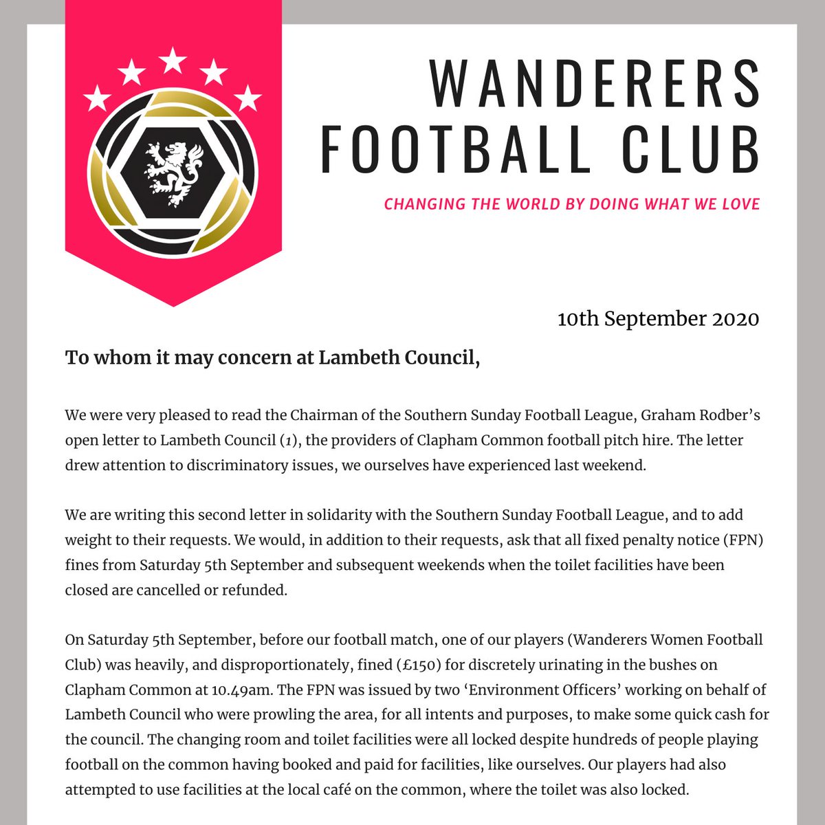 📨 Letter to <a href="/lambeth_council/">Lambeth Council</a> 

We are writing in solidarity with <a href="/SouthernSunday/">Southern Sunday Football League</a>, and in addition to their requests, ask that fixed penalty notices issued when the toilet facilities have been closed are cancelled or refunded.

originalwanderers.com/post/open-lett… (Full letter)

#FreetoPee