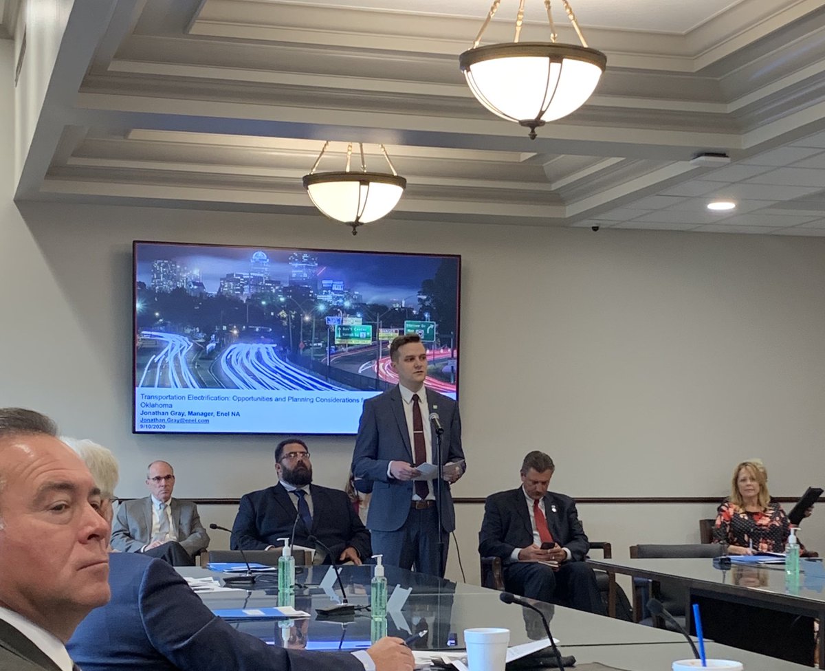 OKPowerAlliance's tweet photo. “Electrification of transportation IS going to happen. It’s just a question of how quickly, and whether or not states can adapt to the market.”- Jonathan Gray, Manager of Public Policy and Institutional Affairs with @EnelXNA @enelgreenpower #ElectricVehicles #EVStudy #EVs https://t.co/qzn90md7wB