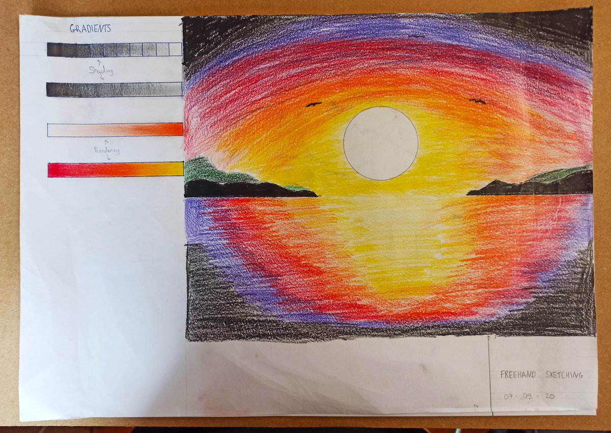 ecpcDCG's tweet photo. Some great efforts from the class today. We applied what we learned about Gradients (for shading and rendering) to a sunset. We're going to apply the same technique for making curved 3D shapes look more realistic next #freehandsketching https://t.co/uNdILySTf5