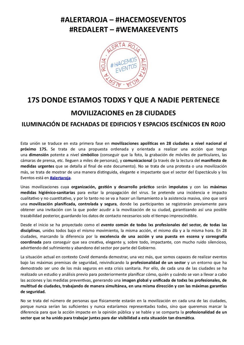 AlertaRojaES's tweet photo. 📢¿Qué es Alerta Roja? ¿Cómo va a ser la movilización y el por qué de su formato? En este comunicado podrás resolver estas cuestiones; os invitamos a leerlo. 
👉Este es el espíritu de #AlertaRoja y de la movilización del 17S
#Apoyo17S #wemakeevents #RedAlert #hacemoseventos https://t.co/jcEf78bgt3