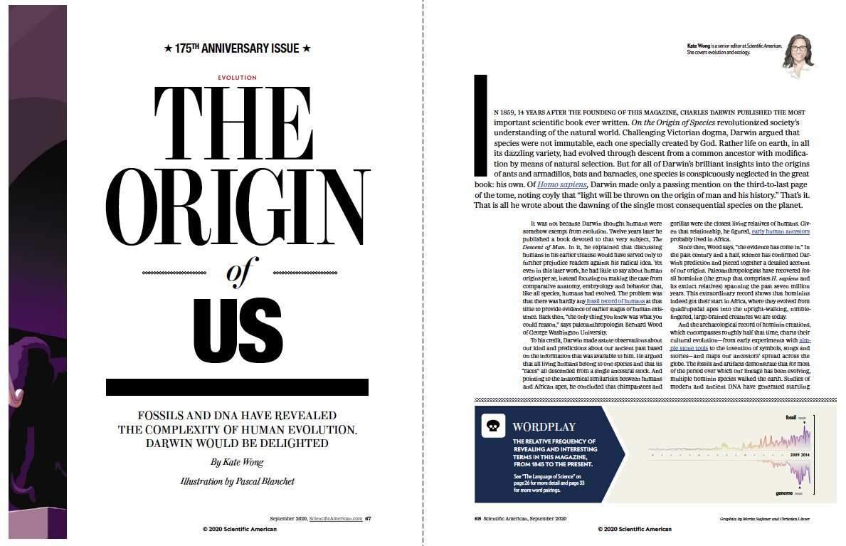 [THREAD] For  @sciam’s 175th birthday, I looked at what scientists have learned about human origins since the magazine debuted in 1845. Pretty much everything we know about the evolution of our branch of the tree of life has come to light in that time  https://www.scientificamerican.com/article/how-scientists-discovered-the-staggering-complexity-of-human-evolution/