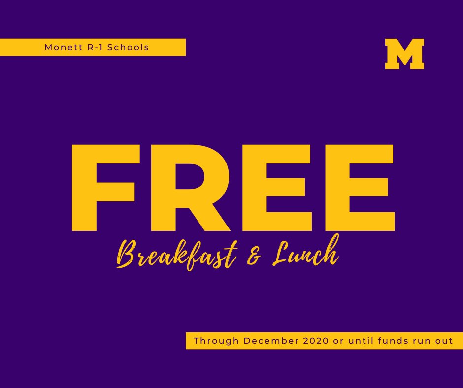Great NEWS for all students in Monett! We received a USDA waiver extension of the free meal program! Students and anyone under 18 years old will receive FREE breakfast and lunch. Follow this link for more info: monettschools.org/article/304897