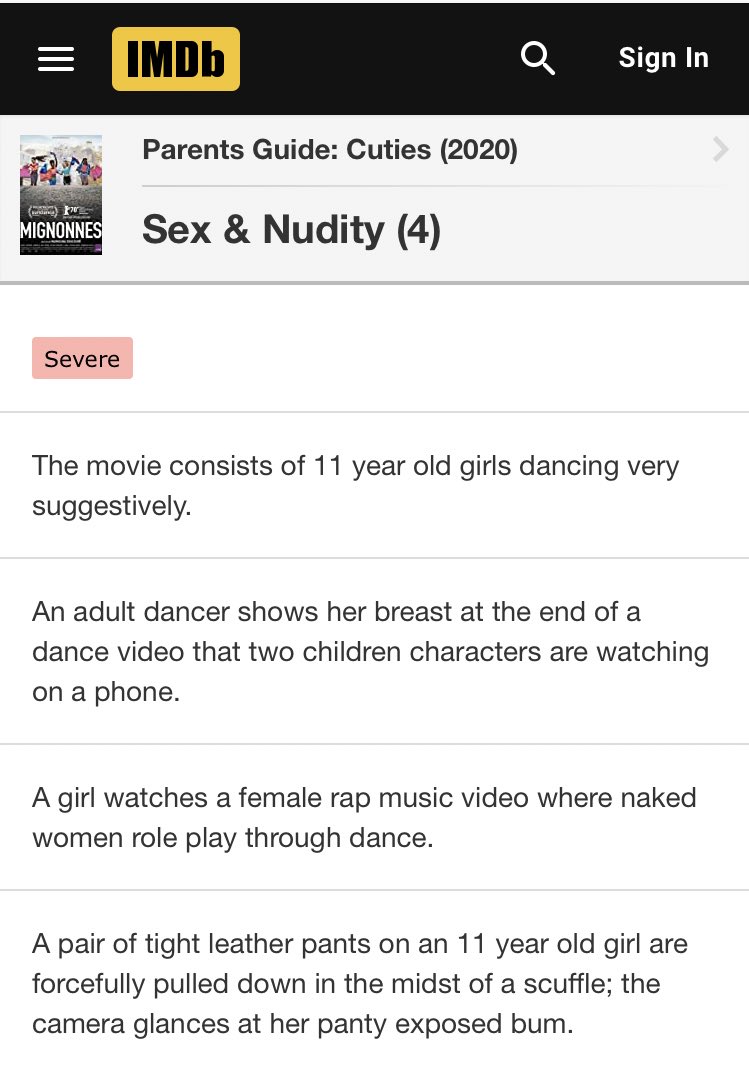 bennyjohnson's tweet photo. If a Movie about 11 Year Old Girls is rated “Severe” under the “Sex &amp; Nudity” Category on IMDB, maybe it shouldn’t be a thing..

This is disgusting @netflix 

#CancelNetflix https://t.co/Uzqk6kJIso