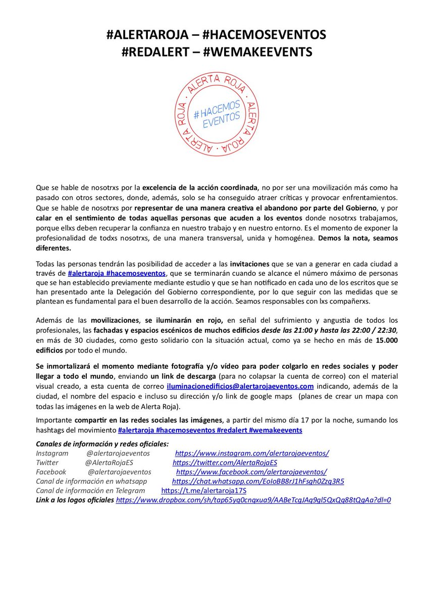 AlertaRojaES's tweet photo. 📢¿Qué es Alerta Roja? ¿Cómo va a ser la movilización y el por qué de su formato? En este comunicado podrás resolver estas cuestiones; os invitamos a leerlo. 
👉Este es el espíritu de #AlertaRoja y de la movilización del 17S
#Apoyo17S #wemakeevents #RedAlert #hacemoseventos https://t.co/jcEf78bgt3