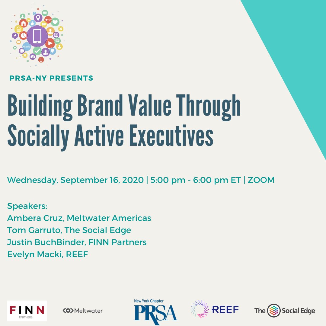 prsany's tweet photo. @meltwater &amp; @prsany partnership: "Building Brand Value Through Socially Active Executives." 9/16, 5pm ET #ZOOM.  Featuring Ambera Cruz, @Meltwater Americas; @JRBTweeting, @FinnPartners; @tomgarruto, @TheSocial_Edge; &amp; Evelyn Macki, @reeftechnology. https://t.co/McKQWHorb3 https://t.co/LZJTRmSVZ8
