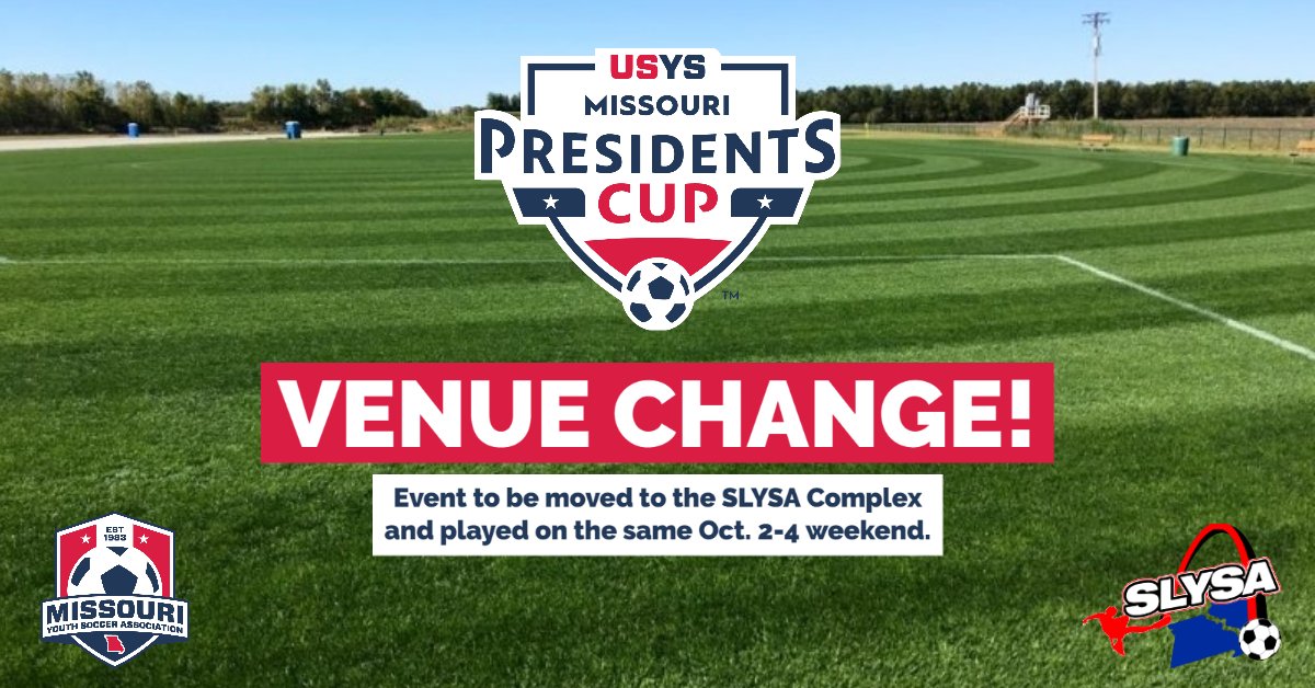 MOyouthSoccer's tweet photo. Missouri Youth Soccer has made the decision to move all #MOPresCup matches to the @slysaleague complex in St. Charles. There will be no changes to the event dates. 
https://t.co/o8WjiUyGag https://t.co/80DayhcFya