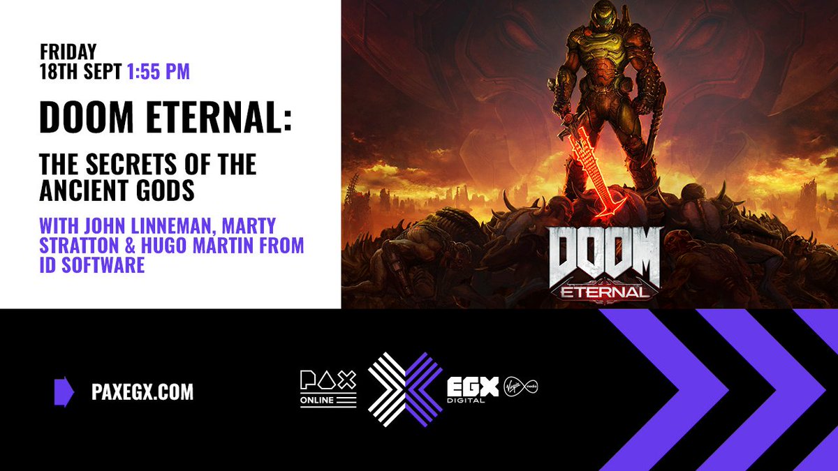 EGX's tweet photo. On 18th September at 1:55 PM, John Linneman will be catching up with Marty Stratton &amp; Hugo Martin at @idSoftware to chat about @DOOM Eternal and share details on the upcoming story DLC, The Ancient Gods: Part 1 – launching later this year. 🔥

➡️ https://t.co/2s67IhllFx https://t.co/jOXJ4M59lo