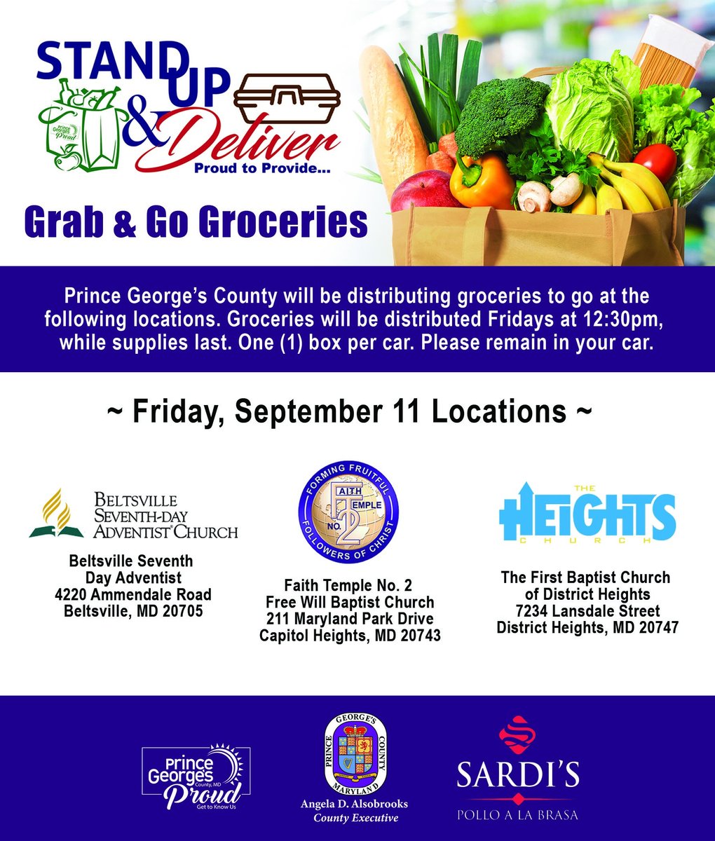 Through our Stand Up &amp; Deliver program, Prince George’s County will be distributing groceries to go at various locations this Friday, September 11 at 12:30 PM. #PGCCOVID19 #ProudtoProvide