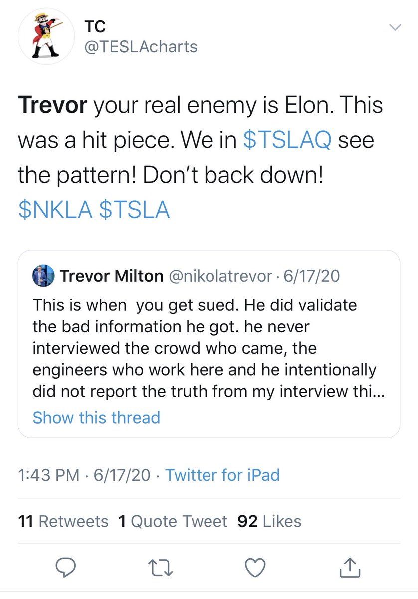 “Trevor your real enemy is Elon!” Ah, TC. just like with TSLAQ, his real enemy is himself.