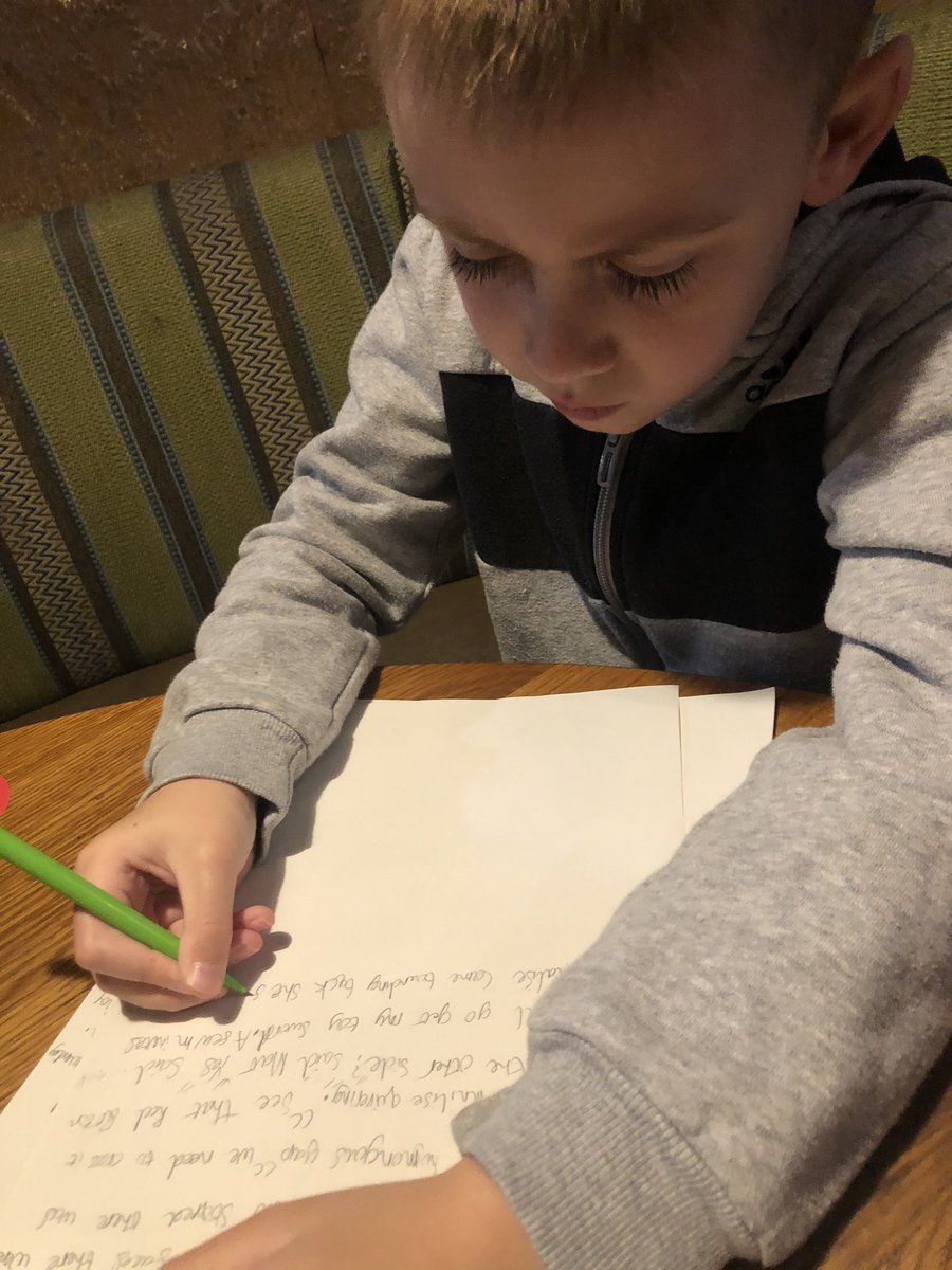 jen_w85's tweet photo. @StAnnsRainhill @CharlottieFost Tom has been busy after school for 2 nights - last night he started writing a short story inspired by him starting to read Beast Quest in 4F. Tonight we are in Nandos and he’s brought it with him to continue it on #lovestowrite https://t.co/2hEQggNCiN