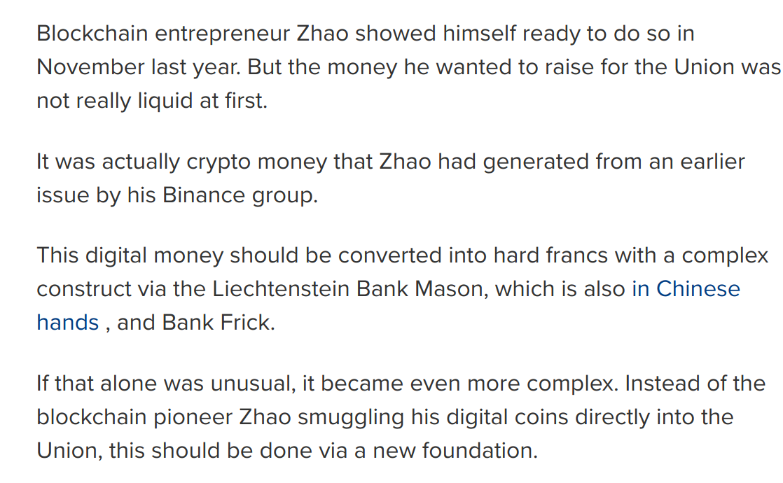 5a/ Turns out CZ / Binance's means of gathering the capital to acquire the bank was the real issue that resulted in their bid being rejected by the FMA. Reporting states that CZ had the funds - but they were in crypto - and this purchase required fiat, which he was *short* on
