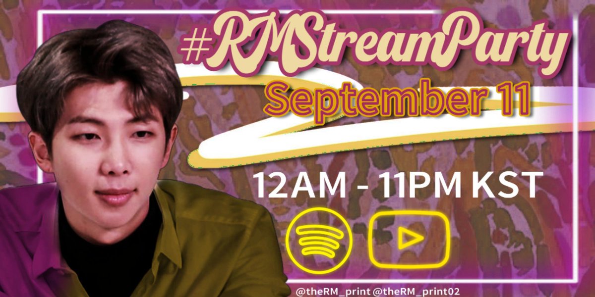rmarchives's tweet photo. #RM Birthday Countdown!!

Join us for a party as we wait for #Namjoon's Bday! 

📅September 11, 2020
⏰12AM-11PM KST
#RMStreamParty

🌟YouTube
*Dynamite
*Intro Persona
*WF
*Do You
*Forever Rain
*Moonchild
*Seoul
*BS
*ON

🌟Spotify playlist:
https://t.co/7K2XKYdHn0 https://t.co/JjxKWeQ3zg