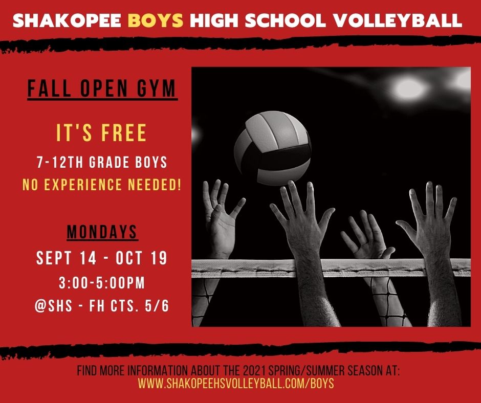 Shakopee Boys High School Volleyball (@shakoboysvb) on Twitter photo Mark your calendar for fall open gym BOYS!
<a href="/SabersAD/">Shakopee Activities</a> <a href="/ShakopeeSchools/">Shakopee Public Schools</a> <a href="/ShakopeeVball/">Shakopee Volleyball</a> Mark your calendar for fall open gym BOYS!
<a href="/SabersAD/">Shakopee Activities</a> <a href="/ShakopeeSchools/">Shakopee Public Schools</a> <a href="/ShakopeeVball/">Shakopee Volleyball</a>