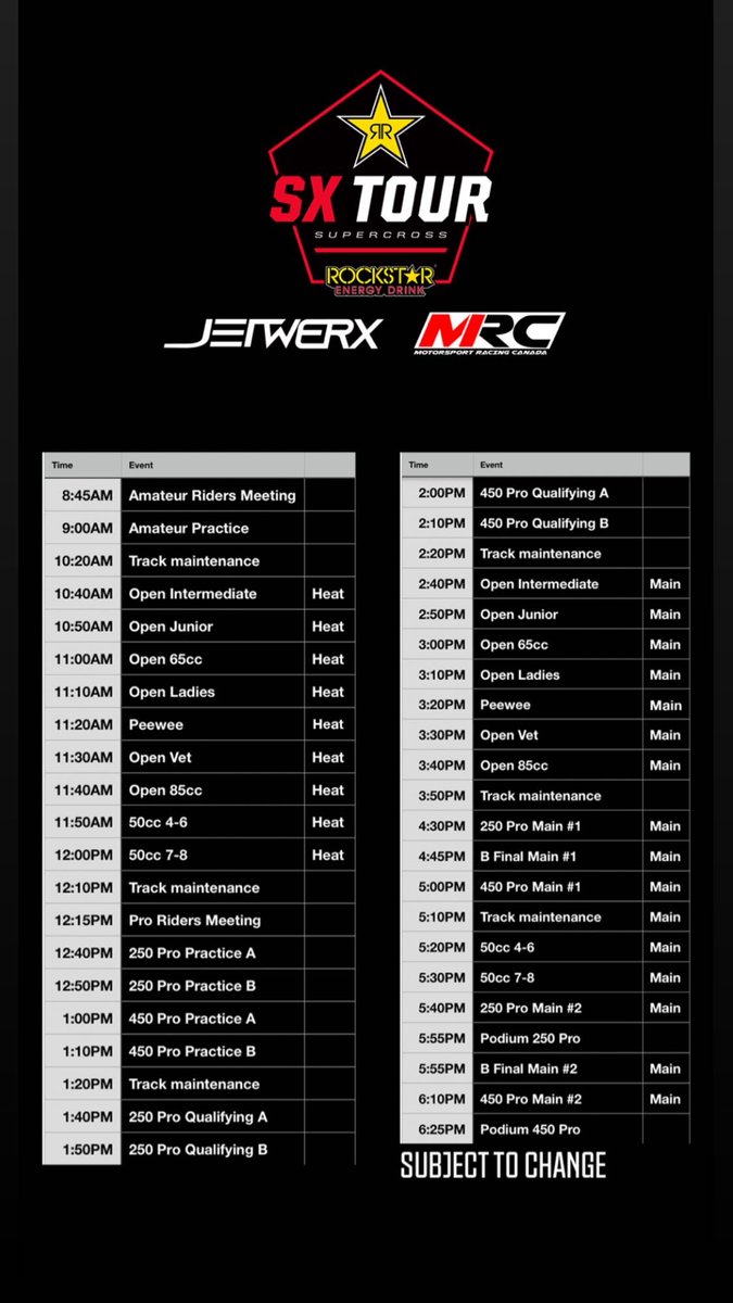 SXTOUR Raceday Schedule