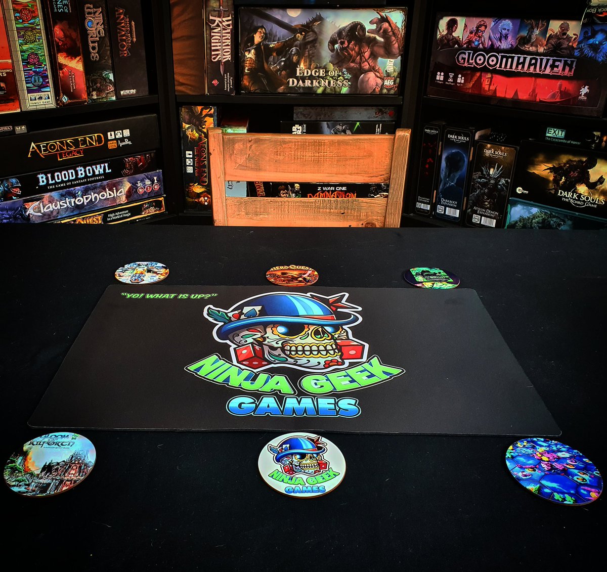 NinjageekG's tweet photo. Yo. Check out my playmat I received today! Looks mint next to my coasters!!!! 
#boardgamegeek #boardgames #boardgamesetup https://t.co/cqGktWO73E