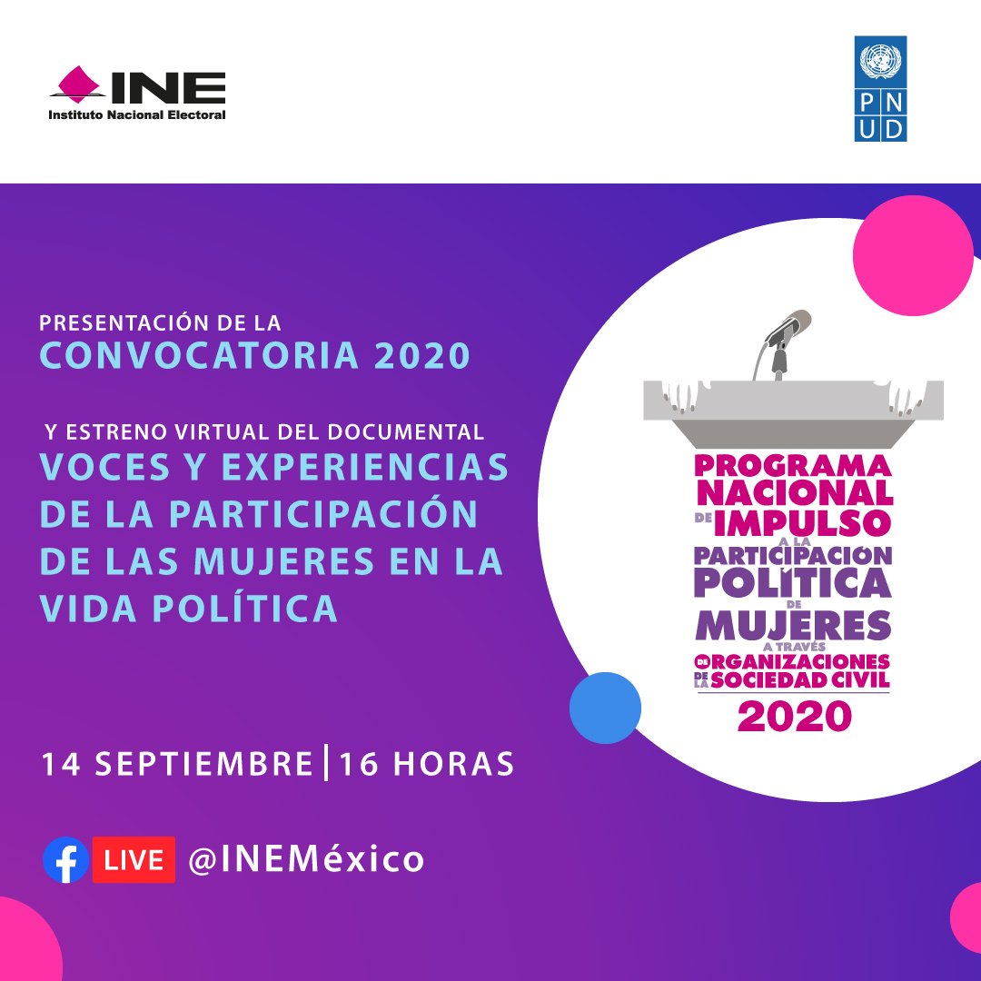 INE_Chiapas's tweet photo. Acompáñanos en la presentación de la Convocatoria 2020 del Programa Nacional de Impulso a la Participación Política de Mujeres a través de Organizaciones de la Sociedad Civil #OSC. #InvitaciónINE #ContamosTodasContamosTodos 

🔘 14/SEPT - 16 h.
▶️ https://t.co/40UsjVD3rI. https://t.co/Z4rPDxuhPa