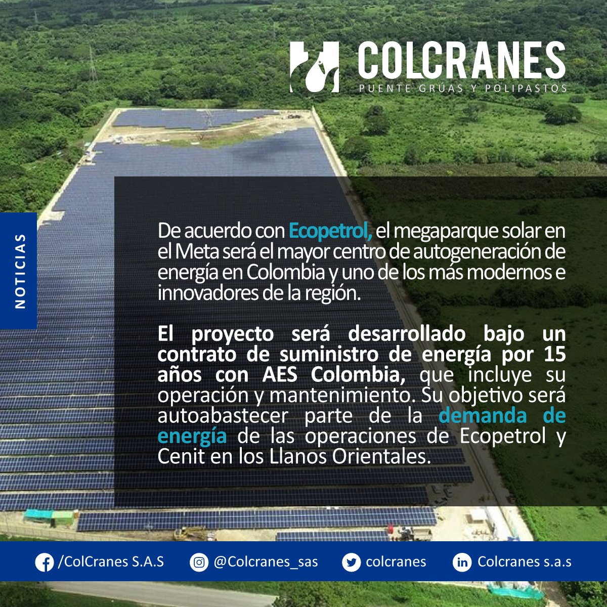 colcranes's tweet photo. De acuerdo con Ecopetrol, el megaparque solar en el Meta será el mayor centro de autogeneración de energía en Colombia y uno de los más modernos e innovadores de la región. 
#Energiasolar #sostenibilidad #ecopetrol #construccion #ingenieria #ingenieros  #Noticias #Colcranes https://t.co/qKRTmqnMPE