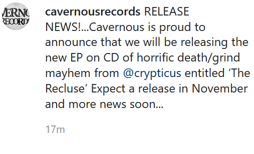 Crypticus's tweet photo. I'm super excited to announce UK label CAVERNOUS RECORDS is handling the CD release of the upcoming @Crypticus EP "The Recluse!" Stay tuned...
https://t.co/Jz7l7jEUmU
#Crypticus #TheRecluse #YanSekArt #CavernousRecords #DeathMetal #ColoradoMetal #DenverMetal #TheFilthChamber https://t.co/MheoRR0MUY