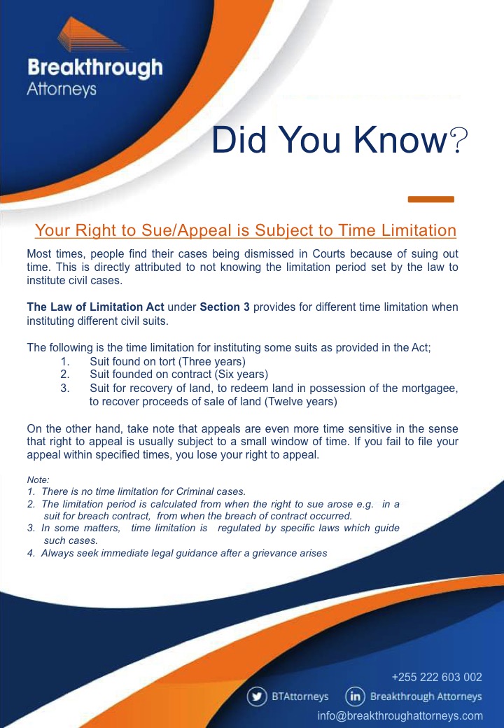 BTAttorneys's tweet photo. Tip: 

#DidYouKnow there is a time #limitation for instituting #suits and #appeals?
.........................
#JeWajua kuna ukomo wa muda kufungua #kesi za #madai au kukata #rufaa?

#LTT #LegalTipThursday #BreakthroughAttorneys  #LegalTip #litigation #civillaw #cases #law #courts https://t.co/DbUwDvfk6m